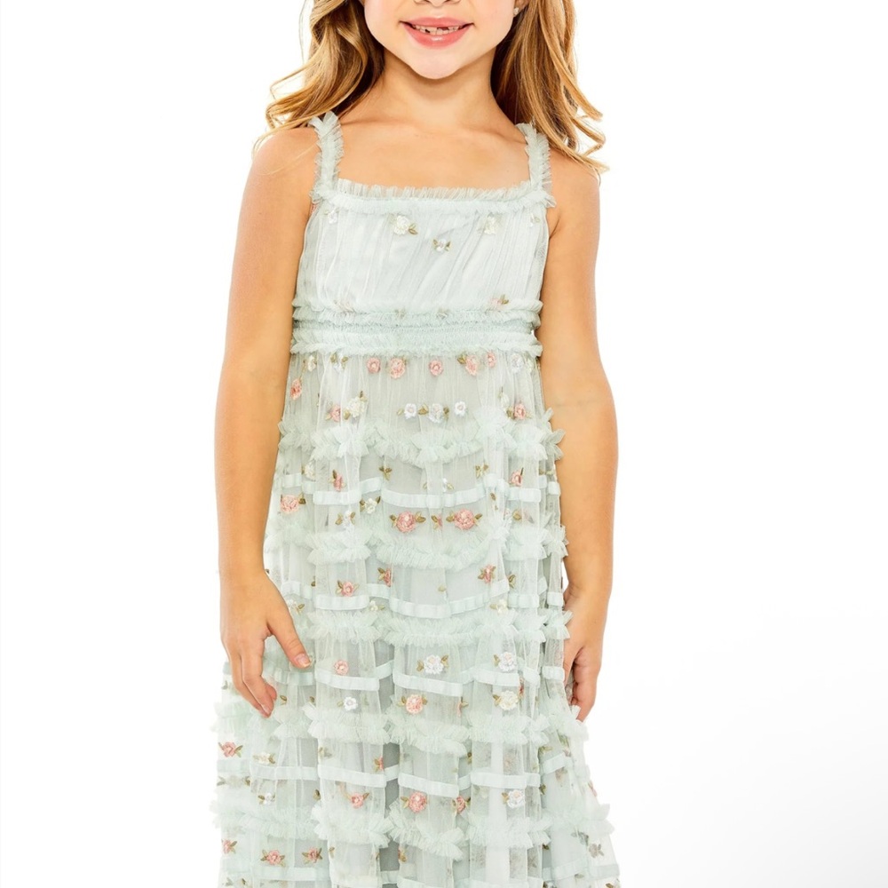 Mac Duggal Girls Ruffled Floral Embroidered Gown - Picture 3 of 15